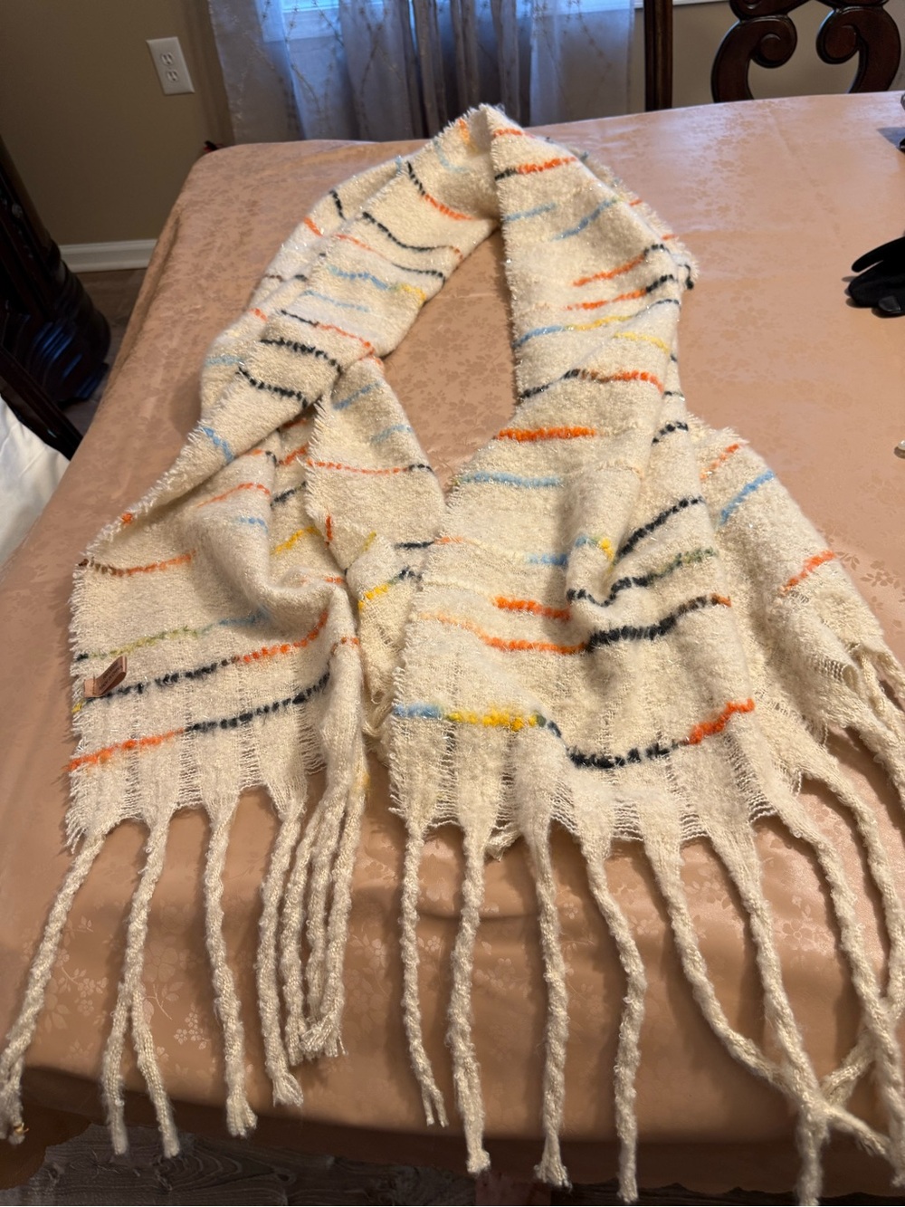 Cream Fringe Scarf with Multicolor Stripe Accents